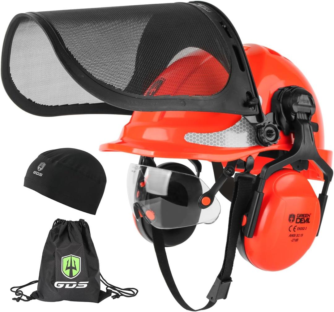 GREEN DEVIL Chainsaw Safety Protective Helmet Forestry Helmet with Build-in Visor Mesh Face Shield Ear Muffs 4 in 1 Ideal for Arborist Tree Work DIY Outdoor Logging Hard hat (Orange)