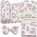 LifeTree Baby Muslin Swaddle Blankets Girl Newborn Receiving Blanket with Headband Bow Set Baby Blush Leopard Print Nursery Swaddle Wrap