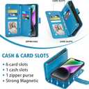 Asuwish Phone Case for iPhone 14 6.1 inch Zipper Wallet Detachable Cell Cover with Tempered Glass Screen Protector Crossbody Strap Flower Card Holder iPhone14 5G i i-Phone i14 14Case Women Girls Blue
