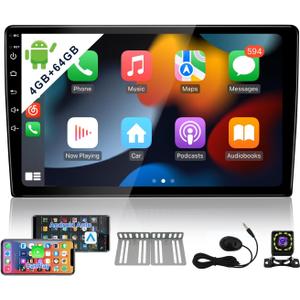 8-Core 4GB+64GB Double Din Android Car Stereo Radio Carplay & Android Auto,10 Inch IPS Touch Screen Car Radio with Bluetooth,GPS in-Dash Navigation Unit,Split Screen,Dual USB,Backup Camera