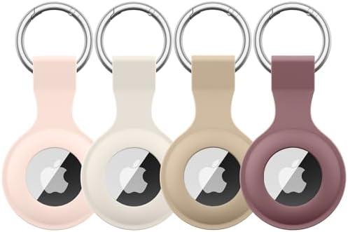 4 Pack Airtag Case Holder for Apple Air Tag, Airtag Case with Anti-Lost Keychain, Silicone Protective Cover for Kids' Backpacks, Dog Collars, Luggage, Multi-Color Protective AirTag Accessories (Milk tea + smoky purple + pink sand + starlight)