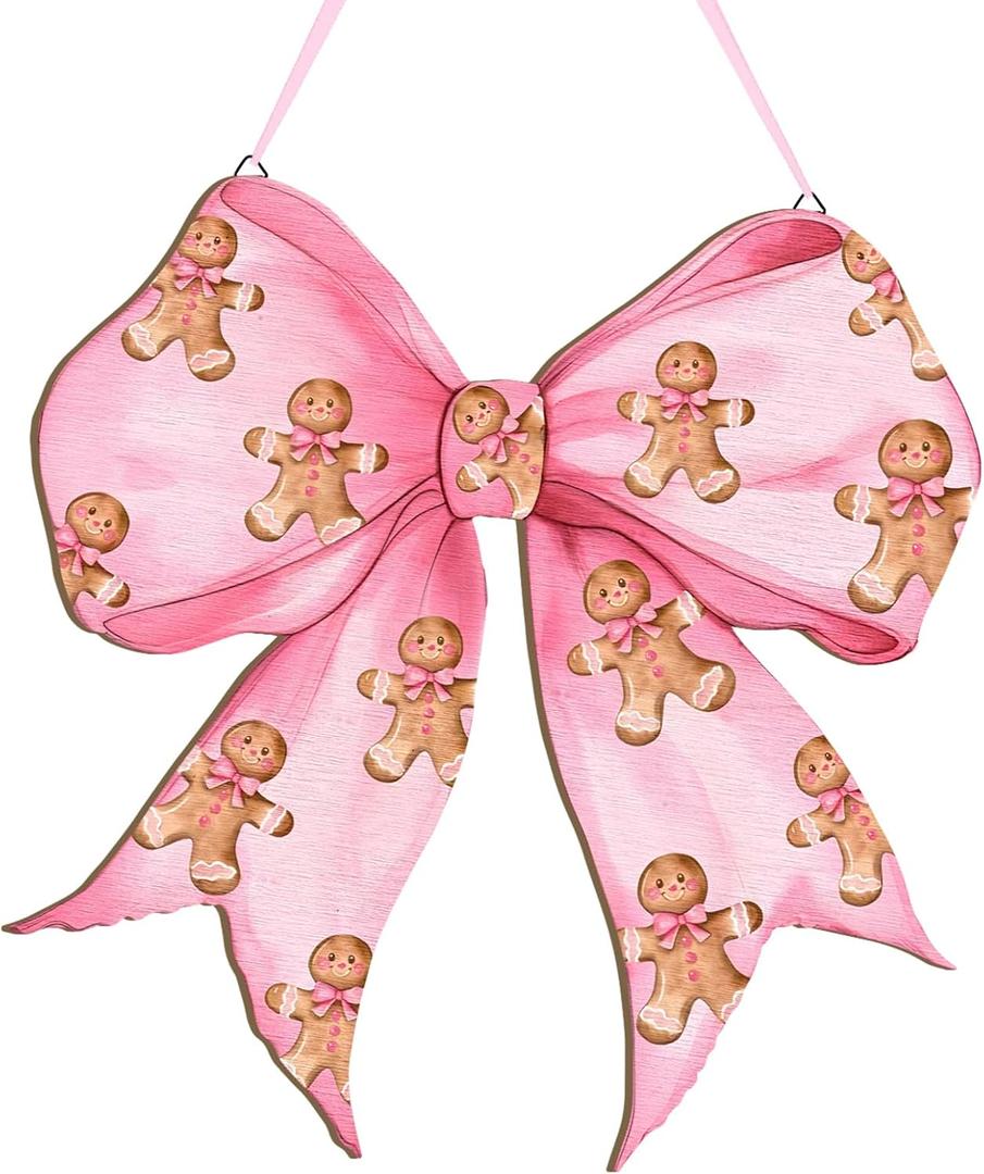 Pink Christmas Gingerbread Man Coquette Bows Wooden Hanging Sign Cute Preppy Aesthetic Wall Art Bowknot Welcome Door Sign Cute Season Decor for Xmas Room Decor