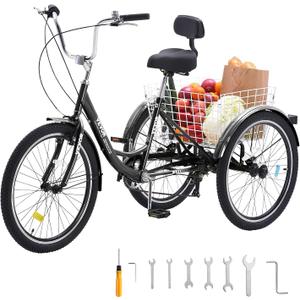 VEVOR Adult Tricycles Bike,Three-Wheeled Bicycles, 3 Wheel Bikes Trikes, Carbon Steel Cruiser Bike with Basket & Adjustable Seat, Picnic Shopping Tricycles for Seniors, Women, Men (Black)