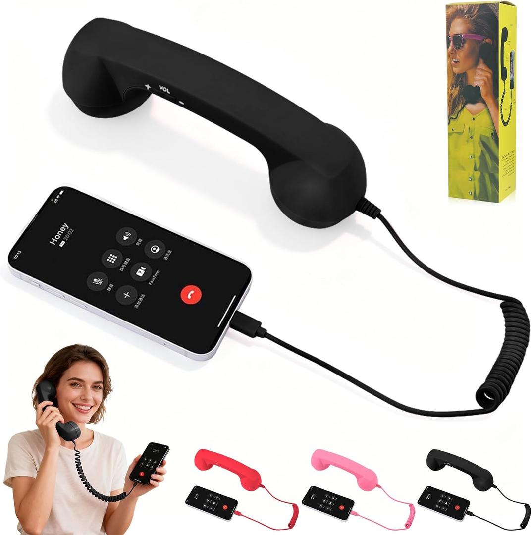 Retro Phone Handset, 2026 New Retro Style Type-C Phone Handset, Vintage Wired Plug in Handheld Cell Phone Receiver with Microphone, Suitable for Cell Mobile Video Conferences, Calls, Meetings (Black)