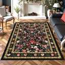 Black Floral Area Rugs 4x6 Washable Living Room Bedroom Carpet - Vintage Boho Thin Non-Slip Soft Low Pile Floor Mat Indoor Home Decor for Dining Room Playroom Farmhouse, Black/Multi