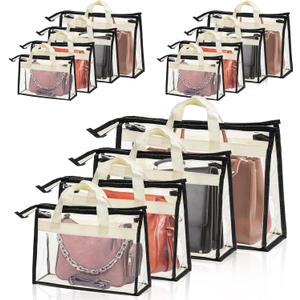 Peohud 12 Pack Clear Handbag Storage Organizer, Dust Bags for Handbags, Transparent Purse Organizer for Closet, Hanging Handbags Dust Cover Bags with Zipper, Handles and Hooks