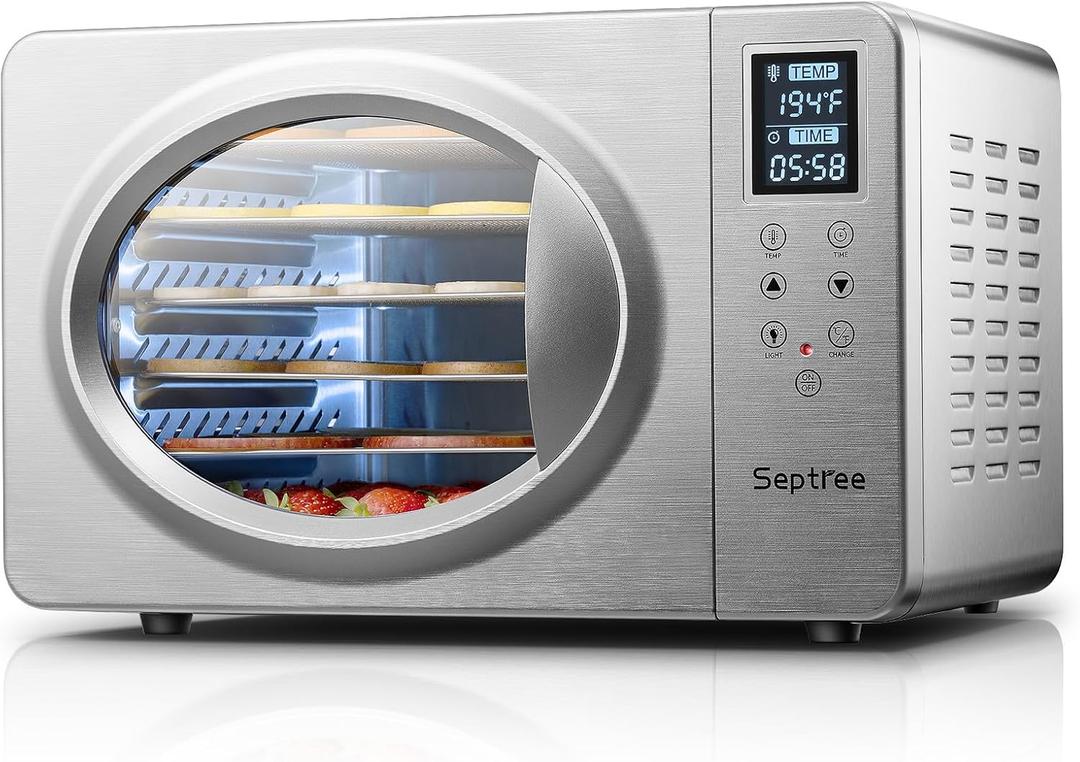 Silver Retro Food Dehydrator- 6 Stainless Steel Trays, 190 Max Digital Temperature Control, Built-in Light, 500W Efficient Drying Machine for Beef Jerky Fruit Mushroom& Yogurt