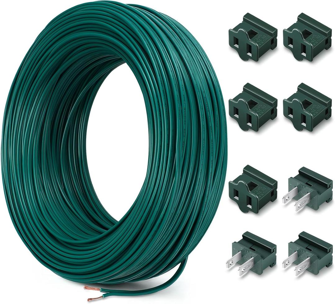 Kanayu SPT-1W 164FT Extension Hookup Electrical Wire 18/1 Zip Cord with 8 Additional Vampire Plugs Stranded Wire for Outdoor Stranded Copper Landscape Lighting Christmas (Green)