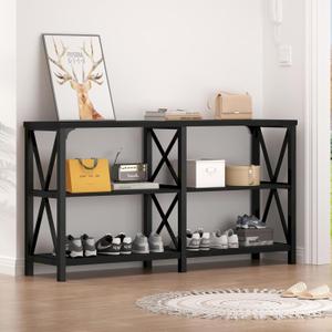 LVB Black Console Table, Modern Entryway Table with 3 Tier Storage Shelves, Industrial Sofa Table Behind Couch for Living Room, Farmhouse Wood Metal Entry Table for Hallway Foyer, Black Oak, 55 Inch