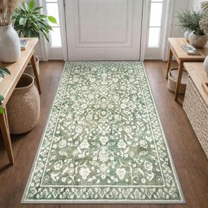 Vintage 3x5 Washable Rug for Entryway, Super Soft Sage Green Beige Entryway Rug Non-Slip, Printed Faux Wool Floral 3x5 Area Rug Thin Floor Carpet for Kitchen, Bedroom, Office, Living Room