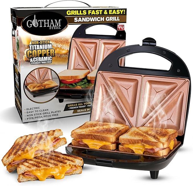 Gotham Steel Nonstick Panini Press Sandwich Maker, 2in1 Breakfast Sandwich Maker Grill / Sandwich Press Grill with Indicator Light, Grilled Cheese Maker Makes 2 Sandwiches with Easy Cut Edges