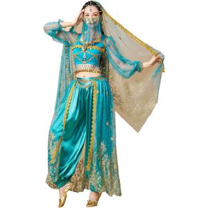ORIDOOR Women's New Aladdin Jasmine Princess Belly Dance Halloween Costume Set Belly Dance for Dress Up Party 5 Piece Outfit, Xlarge