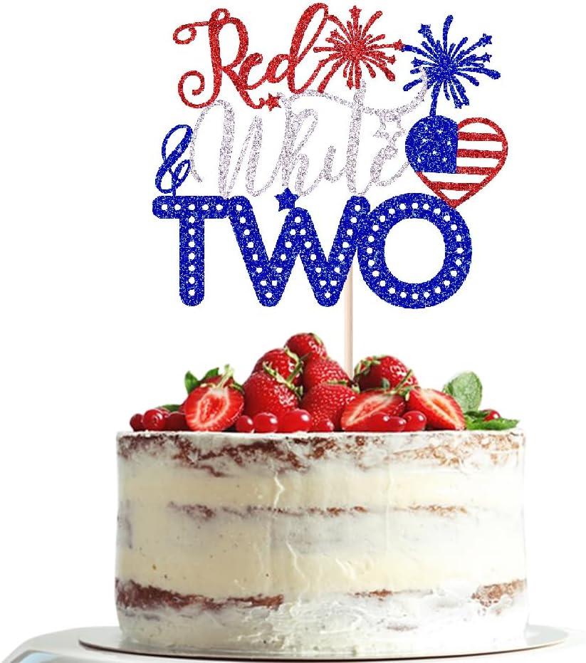 Red White and Two Cake Topper, 4th of July 2nd Birthday Cake Topper Decorations,Patriotic Independence Day Themed, American National Day Party Supplies