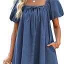Denim Dress for Women, Puff Short Sleeve Jean Dress Square Neck Denim Romper with Pockets (Blue, XS)