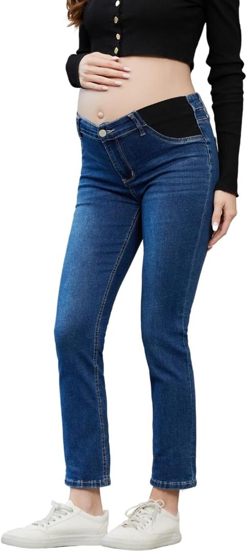 Women's Maternity Jeans Slim Side Stretchy Straight Leg Pregnancy Petite Denim Pants with Pockets (Dark Blue)
