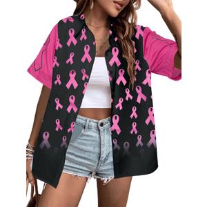 Breast Cancer Awareness Shirts Women: Pink Ribbon Graphic Top Breast Cancer Blouse Short Sleeve Button Down Tops (Small, Black)