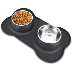 AsFrost Dog Food Bowls Stainless Steel Pet Bowls & Dog Water Bowls No Spill Non Skid, Feeding Bowls with Dog Bowls Silicone Mat for Small Medium Large Size Dogs, Cat Pet Dog Dishes Set, Black, 3 Cup