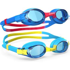 K20 Swimming Goggles for Kids Girls Boys Age 3-10 Years Old, Anti-fog 100% UV Protection with Travel Bag (Pack of 2, Blue Yellow & Blue Red)