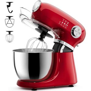 COWSAR Stand Mixer, 12 Speeds Tilt-Head Electric Commercial Stand Mixer, 3-In-1 Kitchen Mixer with Bowl, Dough Hook, Whisk and Beater, Red