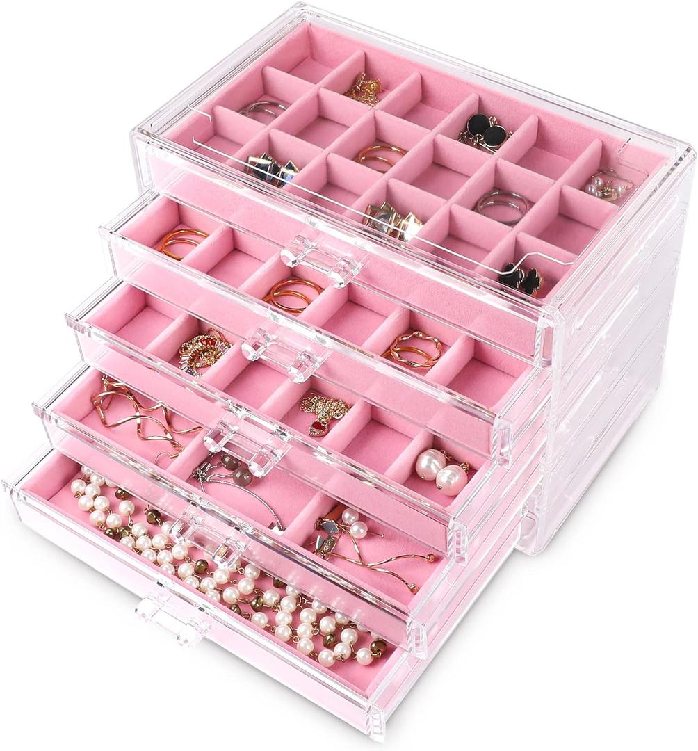 Frebeauty Acrylic Jewelry Organizer Earring Organizer Box with 5 Drawers Earring Holder Organizer with Velvet Trays Clear Jewelry Box for Women Earring Display for Rings StudsPink