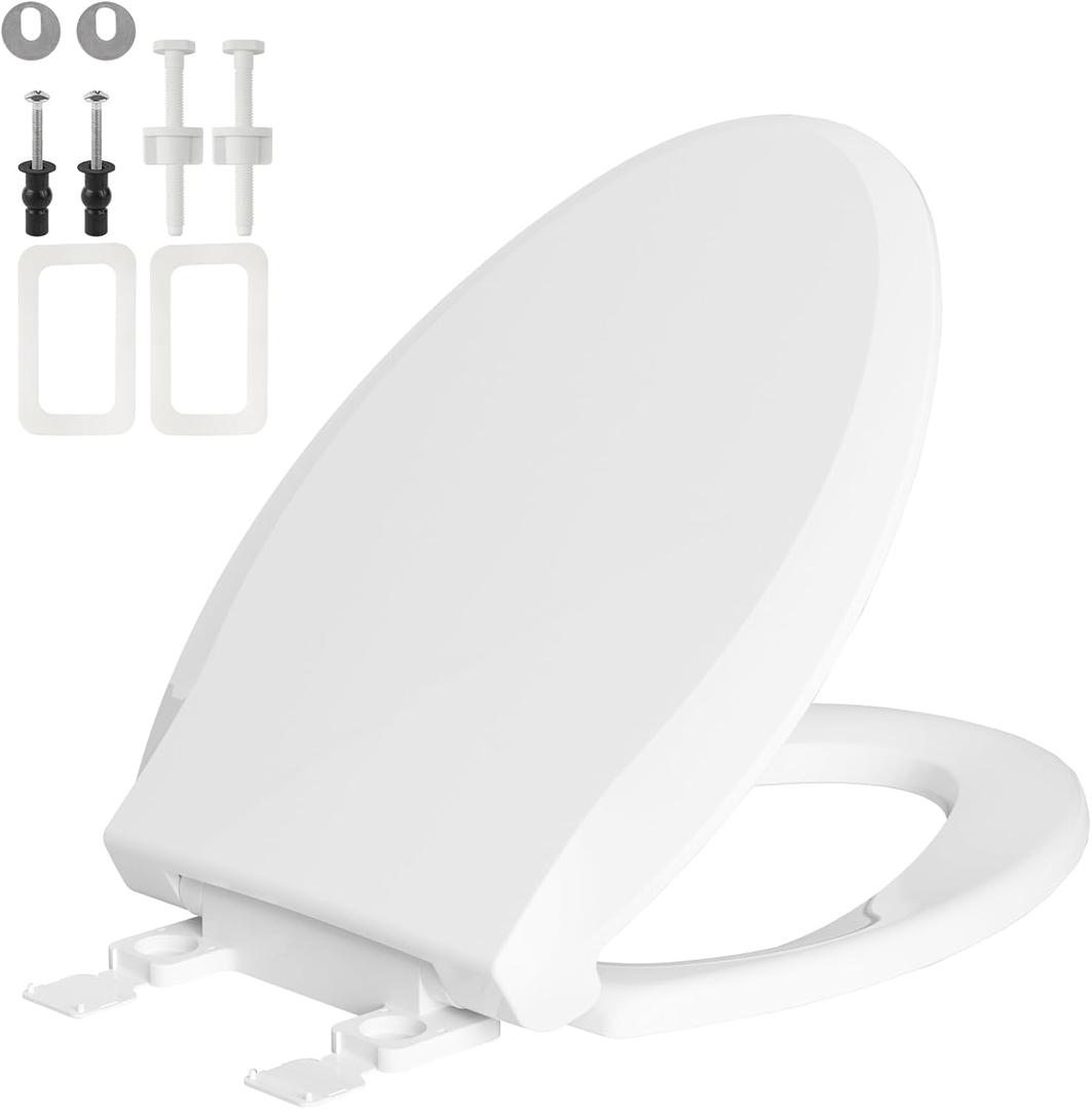 Toilet Seat Elongated with Slow Close Hinges Compatible with TOTO/Kohler/Gerber/American Standard, Universal Oval Fit, Four Bumpers Never Loosen, Two Sets Toilet Bolts and Nuts, Cotton White