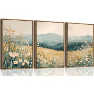 KISSFOX 3 Piece Framed Wall Art Floral Wall Decor Landscape Pictures Mountain Canvas Art Daisy Wildflower Paintings Modern Farmhouse Artwork For Bedroom Bathroom Living Room, 16x24 In Natural Framed
