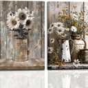 2Pcs Rustic Farmhouse Floral Wall Art, Vintage Sunflower Daisy Canvas Prints, Neutral Framed Wall Decor, Ready to Hang Artwork for Living Room, Bedroom, Dining Room & Bathroom, 16x24 In