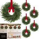 6 Pack 11 Inch Mini Christmas Wreath Small Christmas Kitchen Cabinet Wreaths with Red Velvet Bow Artificial Norfolk Pine Wreath Outdoor Christmas Wreaths for Windows Door Chairs Wall Stairs Home Decor