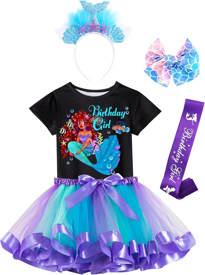 Doctor Unicorn Birthday Girls Mermaid Outfit Set Costume Tutu Skirt Dress, Mermaid Birthday Shirt, Headband & Satin Sash (6-7 Years, Black-2)