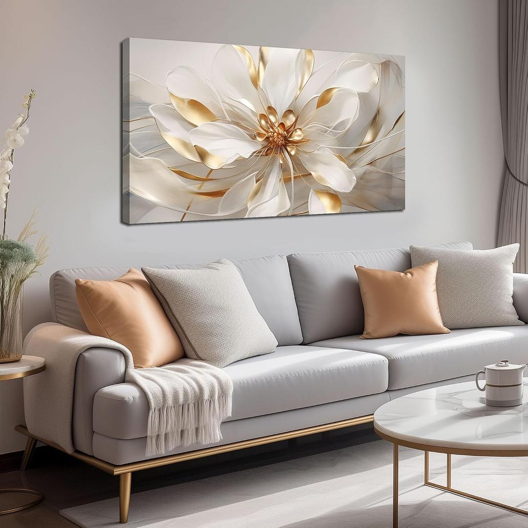 Fowers Wall Art for Bedroom Women White and Gold Wall Decor for Living Room Floral Art Print Wall Decoration 20 x 40 Inch