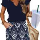 SAUKOLE Women Summer T Shirt Dress Casual Short Sleeve V Neck Dress with Pockets Drawstring Waist Short Dresses (Medium)