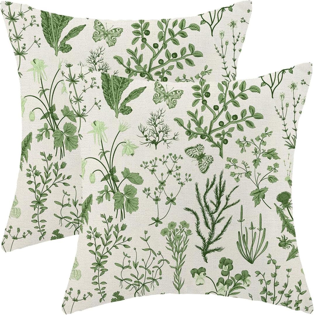 AEIOAE Summer Pillow Covers 16x16 Inch Set of 2,Olive Green Wild Flower Plant Throw Pillows Case,Seasonal Floral Outdoor Decorative Square Linen Farmhouse Decor Cushion Covers for Home Sofa Bed Couch