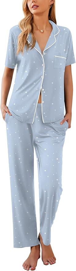 Ekouaer Women Pajamas Set Button Down Sleepwear Short Sleeve Nightwear with Long Pants Soft Pjs Set (Large)