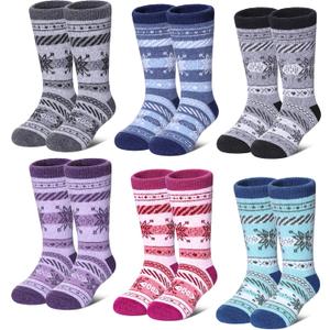 LANLEO Kids Wool Socks For Toddlers Boys Girls Hiking Winter Warm Cozy Thick Heavy Thermal Crew Boot Socks 6 Pairs (8-12 Years, Snowflake)