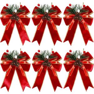 6 Pack Red Velvet Christmas Bows with Pine Cones & Pine Needles Large Holiday Ribbon Bows for Christmas Tree Wreath Gifts Indoor/Outdoor Party & DIY Decorations