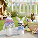 Kathfly 2 Pcs Easter Bunny Figurine Decorations Resin Bunny with Glasses Farmhouse Rabbit Wearing Glasses Rustic Antique Table Centerpiece for Easter Couple Gifts Home Office Table Decorations, 7.9"