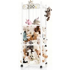 Stuffed Animal Storage Zoo Tower,56In Wooden Large Stuffed Animal Holder Organizer with Wheels,Stuffy Plushies Storage with Elastic Band&Mesh Bottom,Toy Storage Organizers for Playroom NurseryWhite
