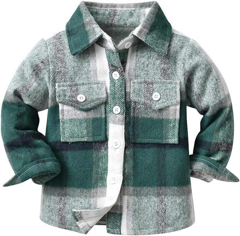 Toddler Baby Boys Plaid Flannel Shirt Long Sleeve Button Down Shirts Fur-Lined Jacket Shirt Winter Fall Tops Clothes (2-3T, Green)
