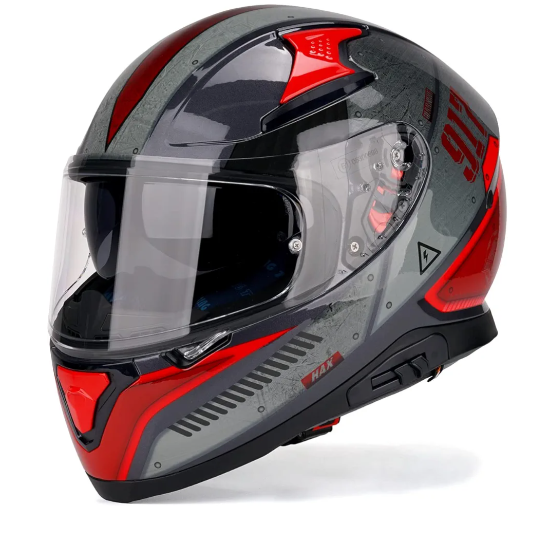 HAX Full Face Motorcycle DOT Approved Helmet with Dual Rear Wing and Pinlock Ready - Lightweight and Durable Motorbike Street Bike Helmet for Adults (Impulse Droid Red, L)