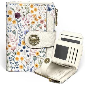 Icycay Floral Flowers Small Wallet Women RFID Blocking Bifold, Credit Card Holder, Zipper Coin Pocket, PU Leather, Compact, Travel, 4 ID Window, 14 Card Slots, Cash Purse, Ladies Woman Female Girls
