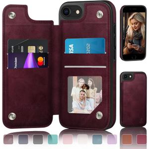 DJDUCK Designed for iPhone 7/8/SE2020/SE2022 Case Wallet with Card Holder, [Magnetic Clasp Cover] [RFID Blocking Leather Protection] Shockproof Women Men Cases 4.7 Inch for Apple 7/8/SE2/SE3, Wine Red