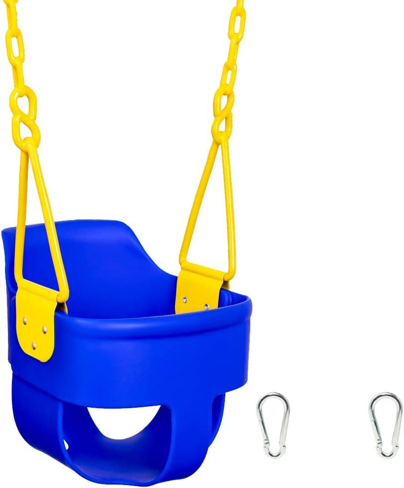 Premium High Back Full Bucket Toddler Swing Seat with Finger Grip, Plastic Coated Chains for Safety and Carabiners for Easy Install - Blue - Squirrel Products