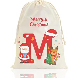 Fohufo Reusable Christmas Gift Bag, 15.7 x 19.6 Inch Initial Santa Sack Drawstring Christmas Bags, Personalized Gift Bags for Xmas Presents Party Supplies, Xmas Decorations Gifts Bag, Medium M