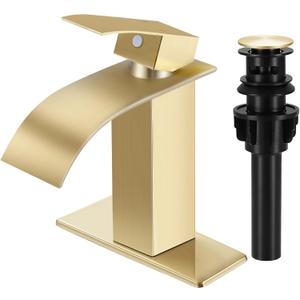 Brushed Gold Bathroom Faucets, Waterfall Bathroom Sink Faucet Modern Single Handle Bathroom Faucte 1 or 3 Hole, RV Mixer Tap Vanity Faucet - Includes Pop-up Drain Supply Hoses Deck Plate