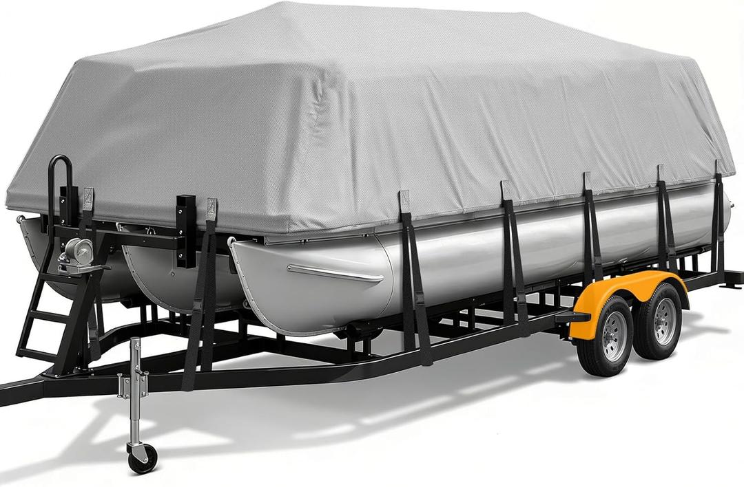 Pontoon Boat Cover 19-21 ft, 1200D Heavy Duty Waterproof Pontoon Cover with 14 Windproof Straps, Elastic Hem & Storage Bag, Fits 19 ft 20 ft 21 ft Pontoon Boats Up to 8 ft Beam, Gray