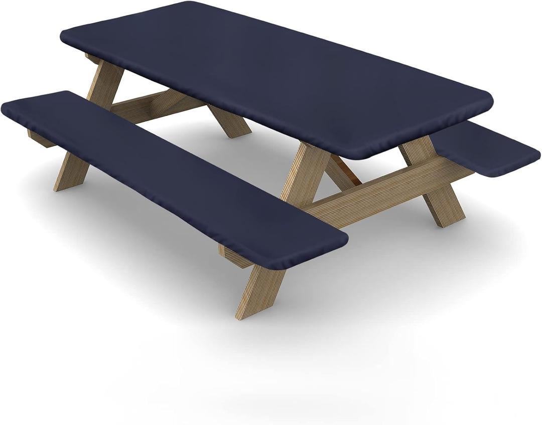 Ruisita 3 Piece Set Picnic Table and Bench Fitted Tablecloth Cover Navy Blue Vinyl Table Cover, 72 Inches