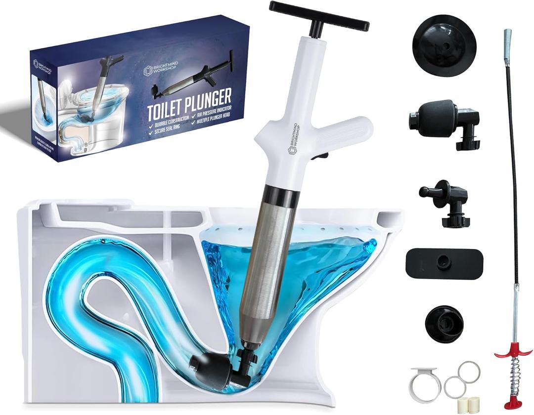 High Pressure Toilet Plungers for Bathroom, Air Drain Blaster Kit Includes Grabber Tool, 2 O-Rings, Wall Mount Rack, Heavy Duty Clog Remover for Bathroom Sink & Toilet (White)