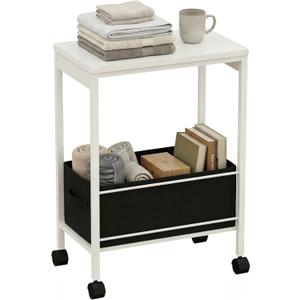 White Rolling Side Table with Storage Basket, Narrow End Table on Wheels for Small Spaces, 15.75" D x 9.84" W x 22.05" H Sofa Side Table with Fabric Bin for Living Room and Bedroom