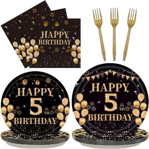 3 x 96PCS 5th Birthday Party Plates Set Black and Gold Theme Decorations Include Black Gold Plates and Napkins Forks for 5 Year Old Boys Girls Birthday Party Supplies Serves 24 Guests