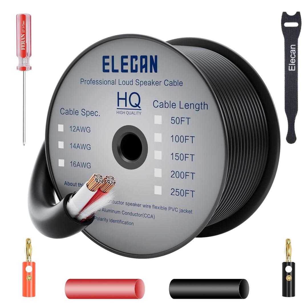 Elecan Pro Series 14/2 Outdoor Speaker Wire Cable 50 Ft 14 Gauge AWG with Tool Kits-Direct Burial in Wall CL3 CL2 Rated-PVC Jacket&Film&Cotton for Home Theater,Car Audio Speaker,Stereos-Black (50FT)